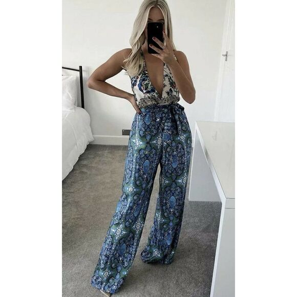ZARA Combined Scarf Print Flowy Voluminous Wide Leg Jumpsuit - Picture 1 of 8